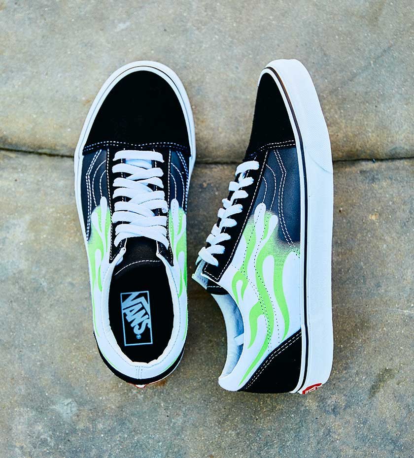 blue and green flame vans