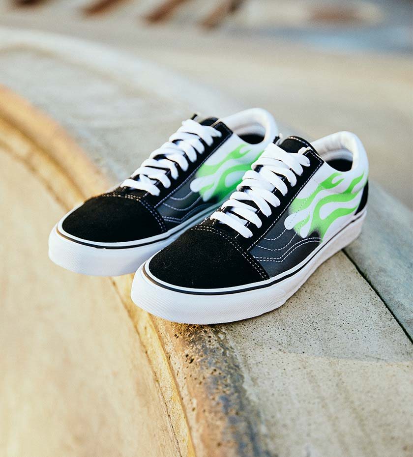 blue and green flame vans